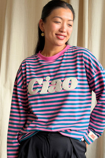 Longsleeve damski różowo-turkusowy z nadrukiem "Ciao" - She Is Sunday