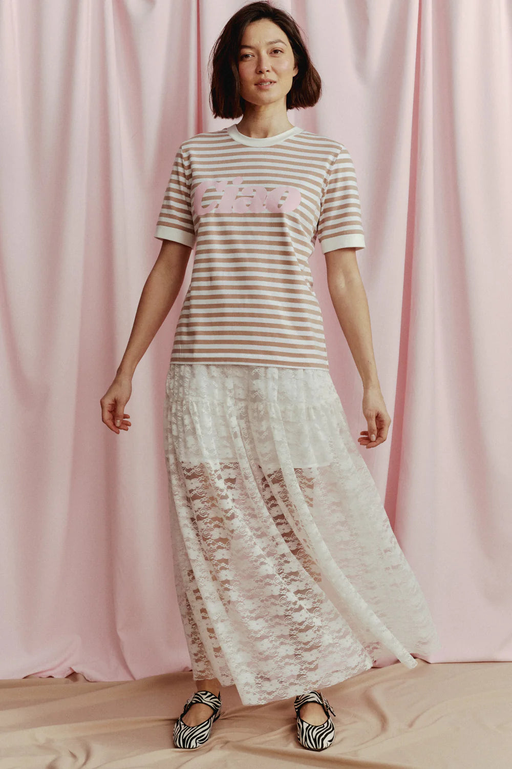 T-shirt Asia Striped Beżowy