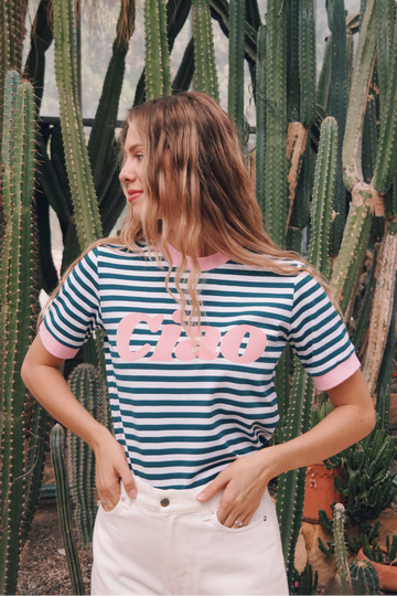T-shirt Ciao w Paski Turkusowy - She Is Sunday