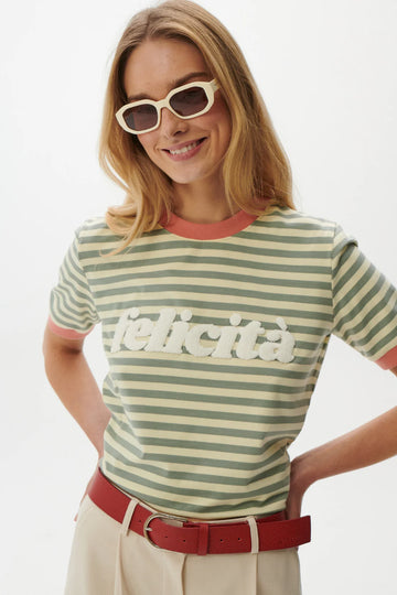 T-shirt damski zielony w paski z napisem "Felicita" - She Is Sunday