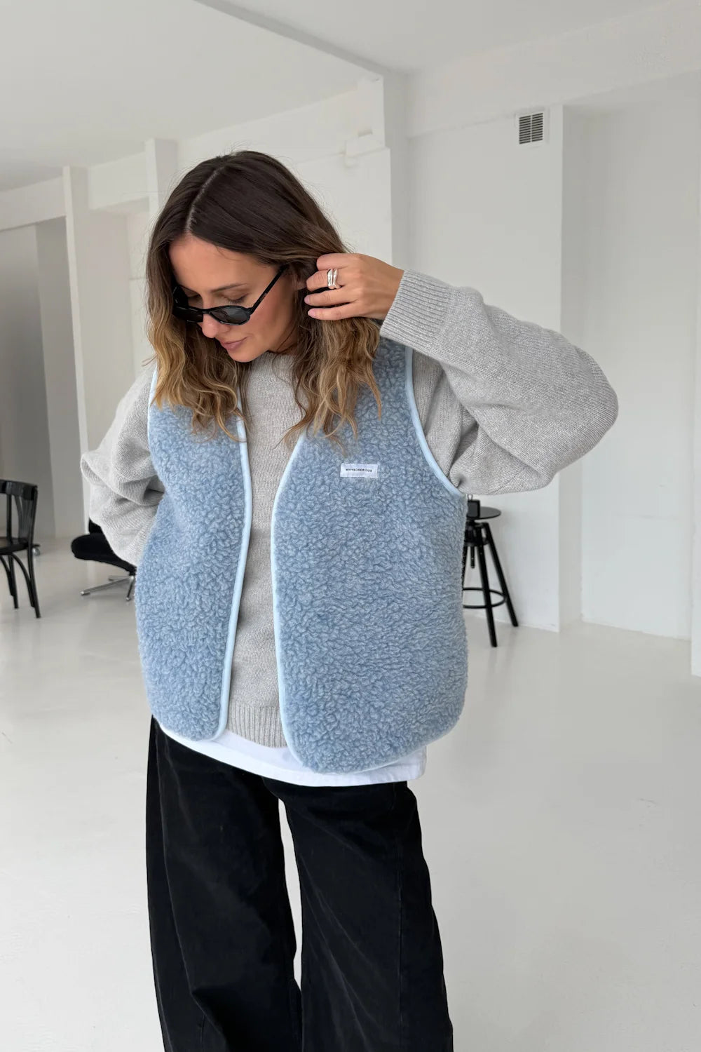 Błękitna wełniana kamizelka damska  - Baby Blue Merino Waistcoat - WHYSOSERIOUS