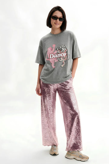 T-shirt damski szary z kolorowym nadrukiem "Kitty Dance" - She Is Sunday